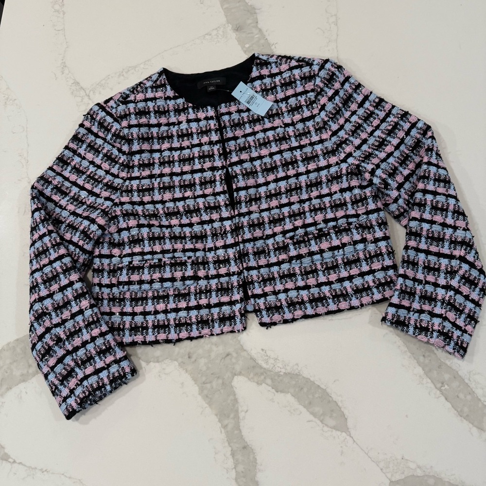 Ann Taylor NWT Striped Tweed Cropped Blazer Jacket Womens 10P Pink/Blue Corpcore